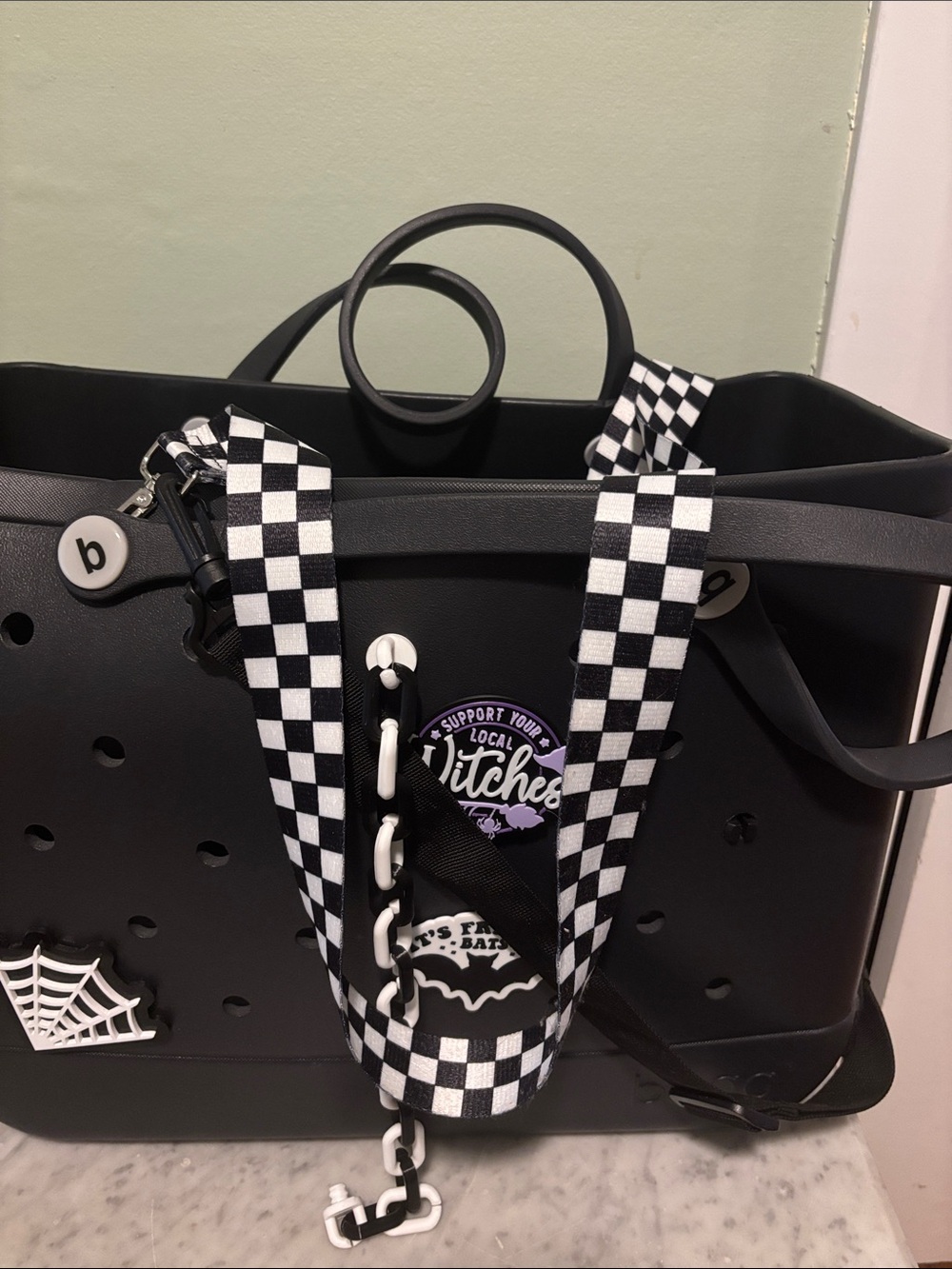 BOGG BAG Black Tote with 7 Halloween Charms and Checkered Strap. - Picture 4 of 6